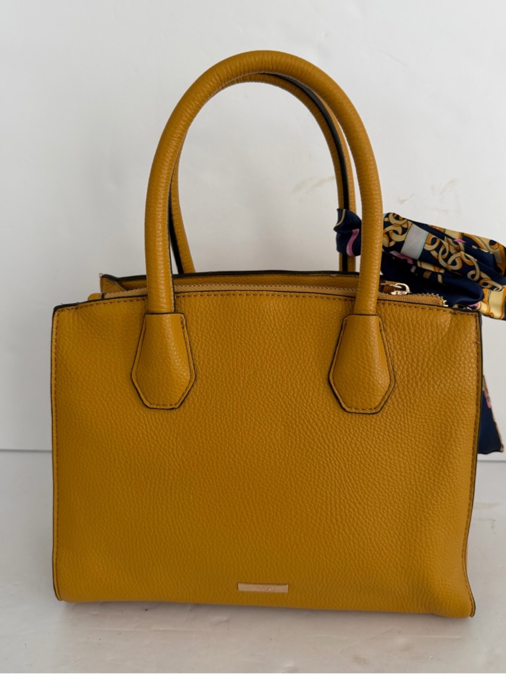 Aldo Mustard Yellow Pebbled Leather Satchel with Scarf Accent